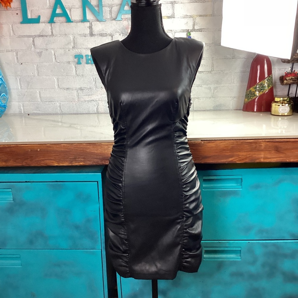 Zara Ruched Black Faux Leather Sleeveless Mini Dress Size S